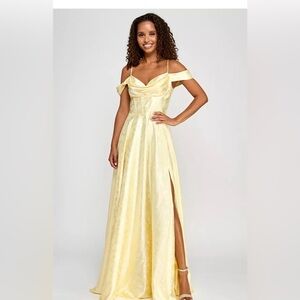 B Darlin Light Yellow Off-Shoulder Satin Maxi Dress with Side Slit